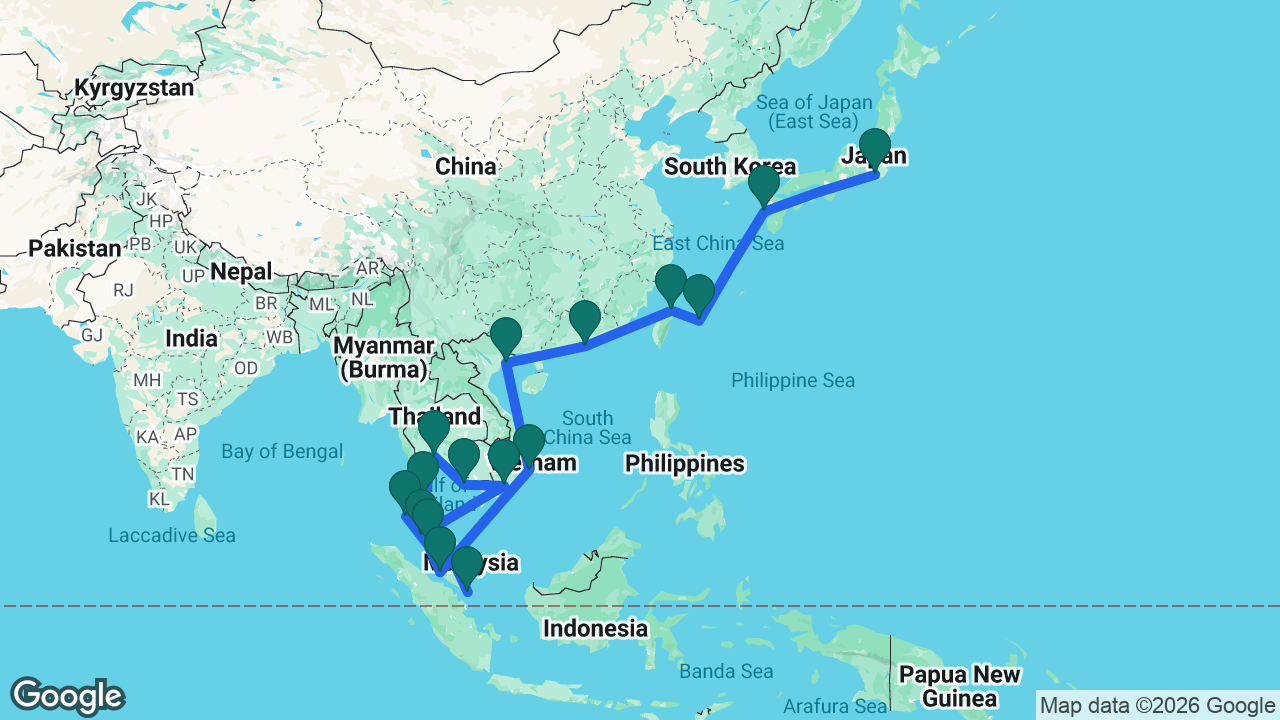 Route map: Singapore -> Koh Samui -> Bangkok -> Sihanoukville -> Ho Chi Minh City -> Langkawi -> Phuket -> Penang -> Kuala Lumpur -> Cam Ranh -> Ha Long Bay -> Hong Kong -> Keelung -> Ishigaki -> Nagasaki -> Tokyo