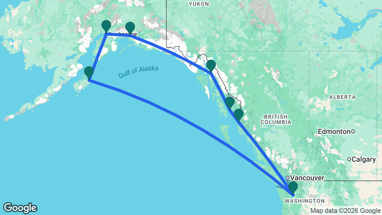 Route map: Seattle -> Kodiak -> Anchorage -> Valdez -> Juneau -> Ketchikan -> Prince Rupert -> Seattle
