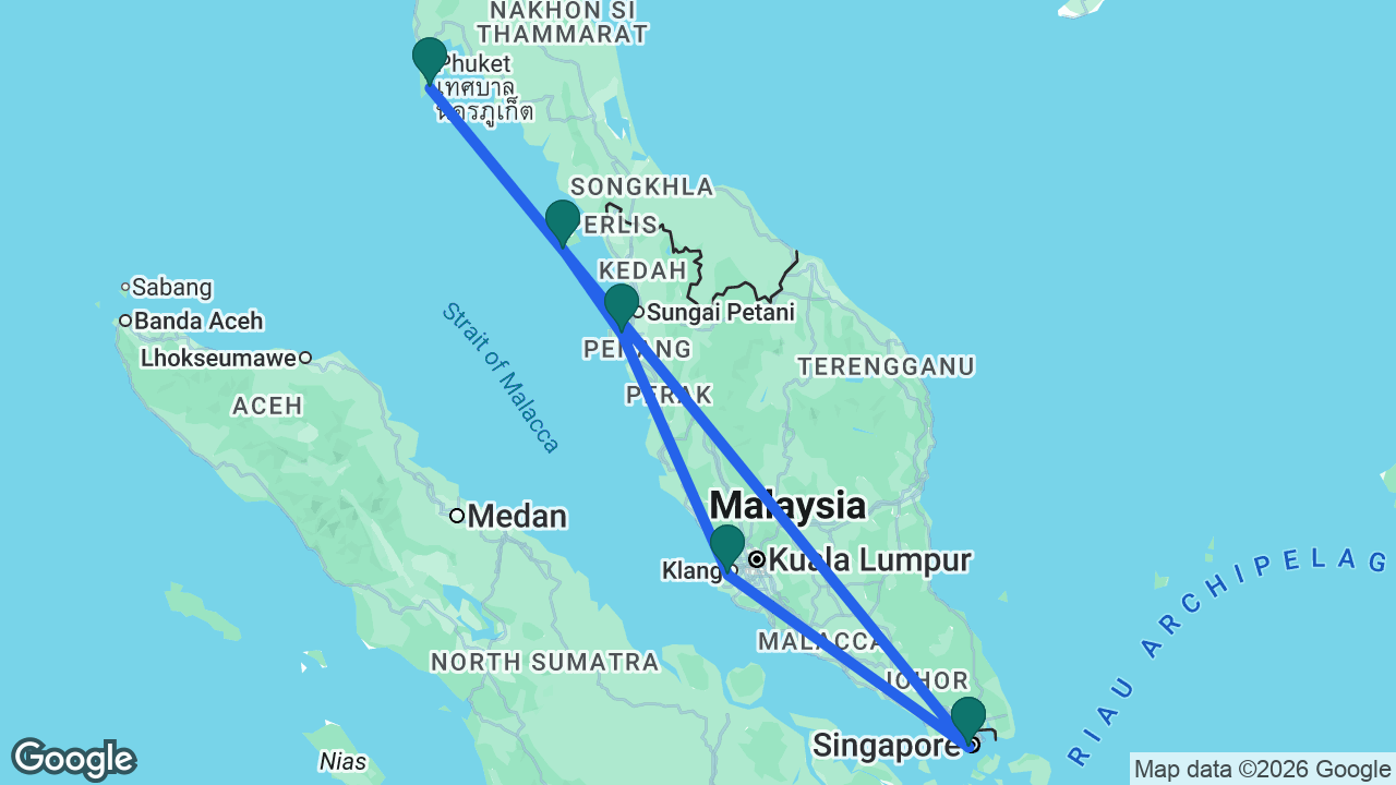 Route map: Singapore -> Phuket -> Langkawi -> Penang -> Kuala Lumpur -> Singapore