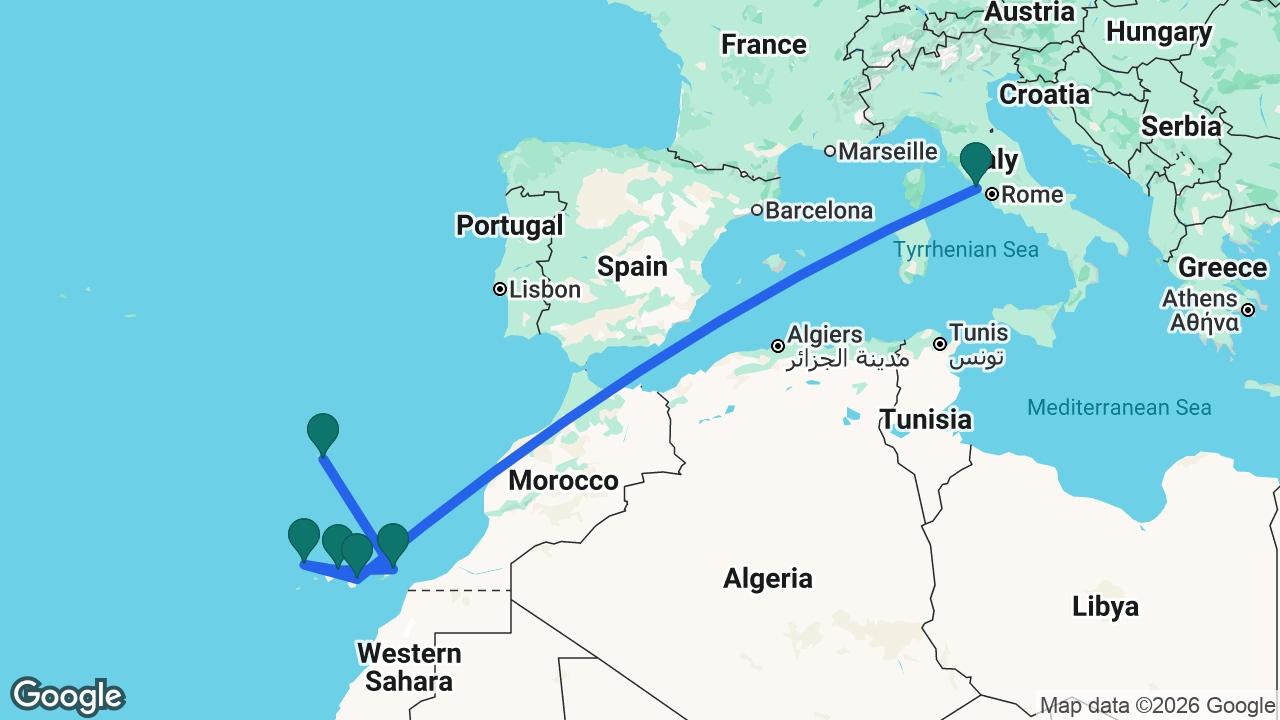 Route map: Rome -> Gran Canaria -> La Palma -> Tenerife -> Fuerteventura -> Madeira