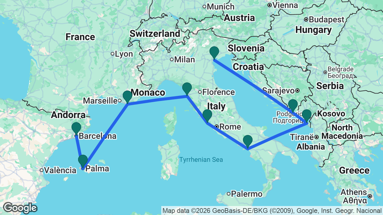 Route map: Venice -> Dubrovnik -> Bar -> Amalfi Coast -> Rome -> Florence -> Toulon -> Mallorca -> Barcelona