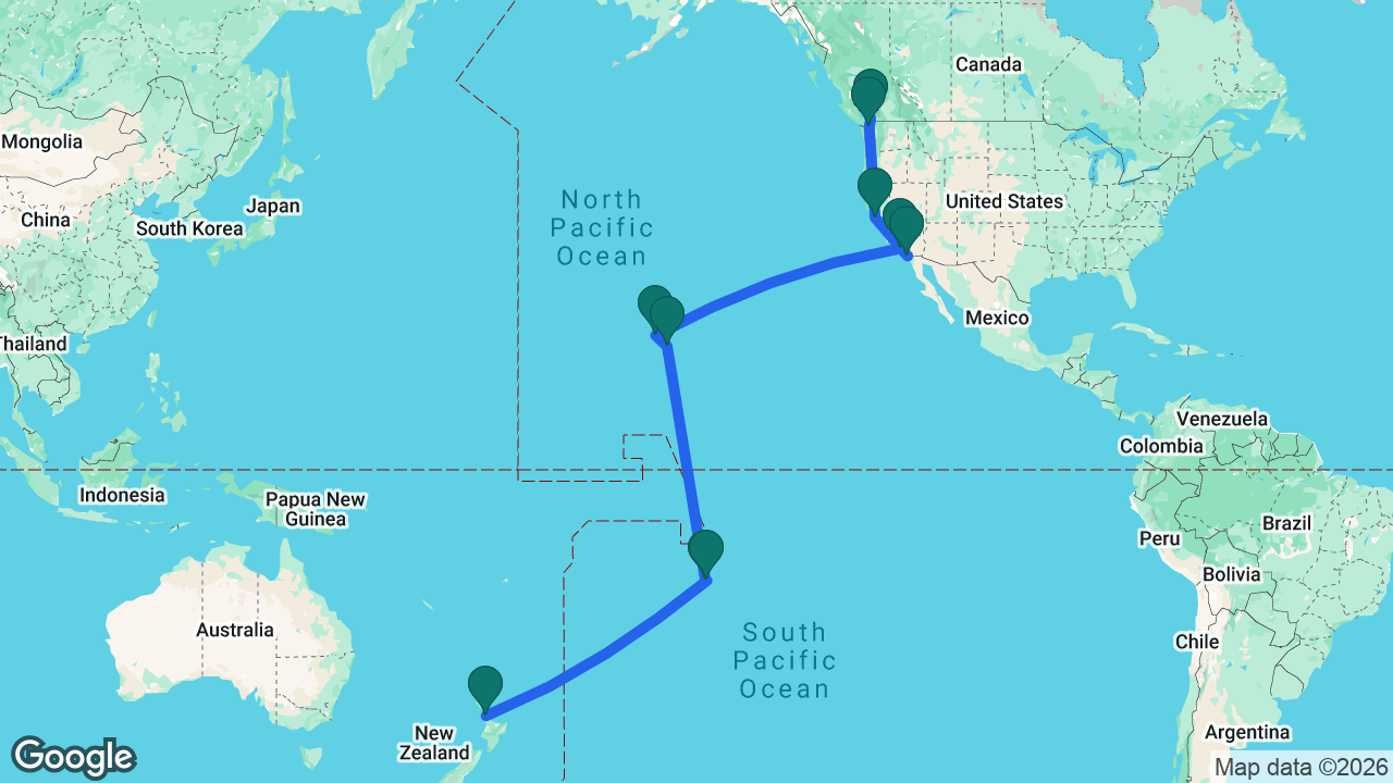 Route map: Auckland -> Tahiti -> Moorea -> Kona -> Honolulu -> Los Angeles -> San Diego -> San Francisco -> Victoria -> Vancouver