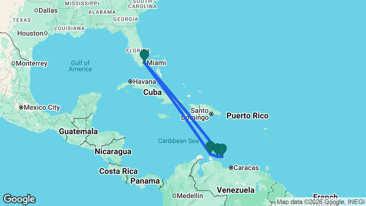 Route map: Miami -> Aruba -> Curaçao -> Bonaire -> Miami