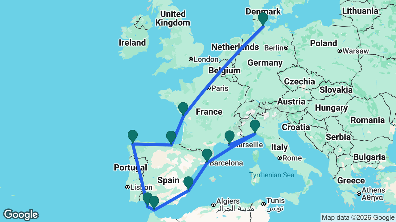 Route map: Marseille -> Genoa -> Barcelona -> Alicante -> Gibraltar -> Cádiz -> La Coruña -> Bilbao -> La Rochelle -> Kiel