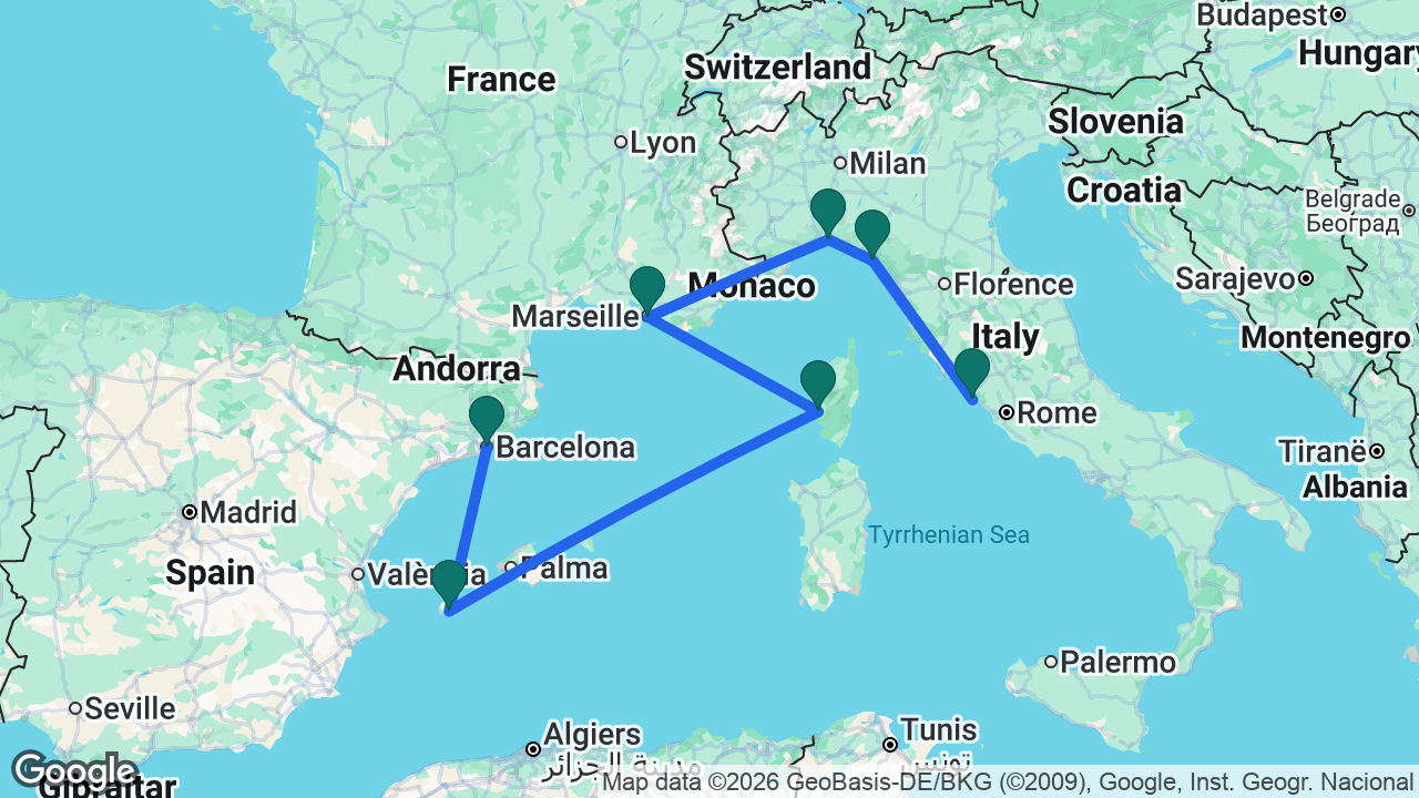 Route map: Barcelona -> Ibiza -> Ajaccio -> Marseille -> Genoa -> La Spezia -> Rome