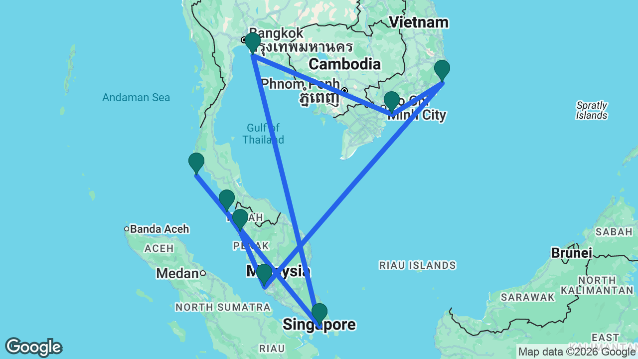 Route map: Singapore -> Phuket -> Langkawi -> Penang -> Kuala Lumpur -> Cam Ranh -> Ho Chi Minh City -> Bangkok -> Singapore