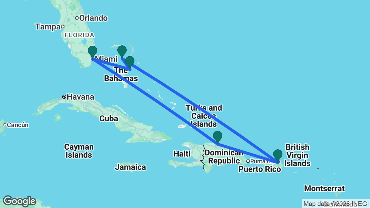 Route map: Miami -> Nassau -> CocoCay -> San Juan -> Puerto Plata -> Miami