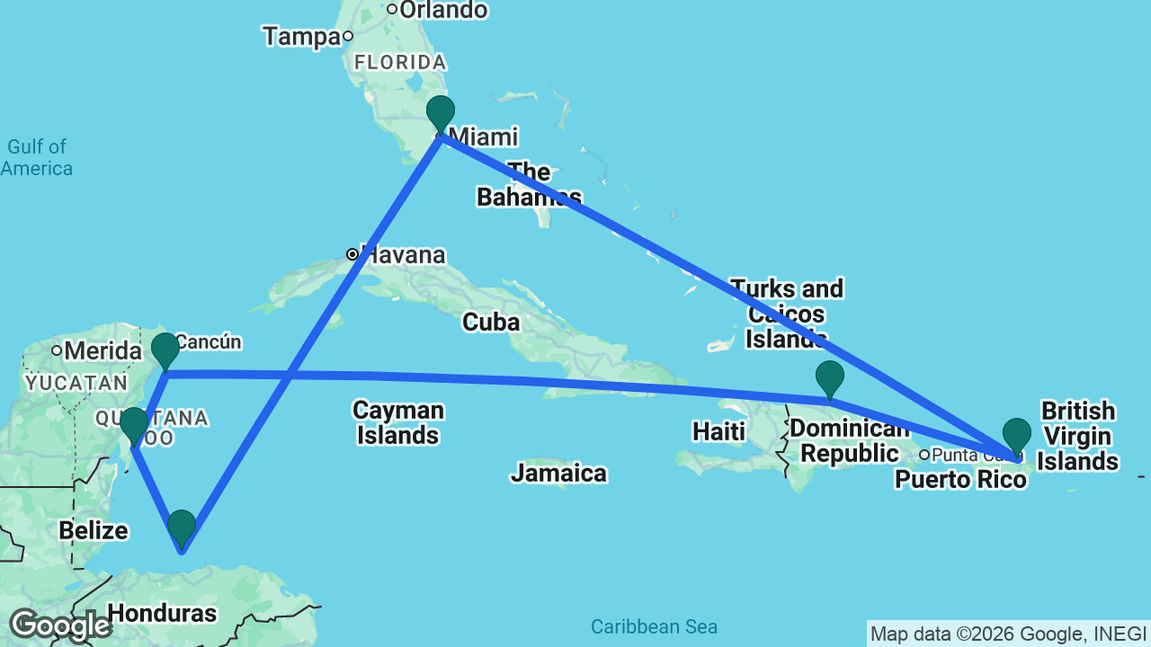 Route map: Miami -> Roatán -> Costa Maya -> Cozumel -> Puerto Plata -> San Juan -> Miami
