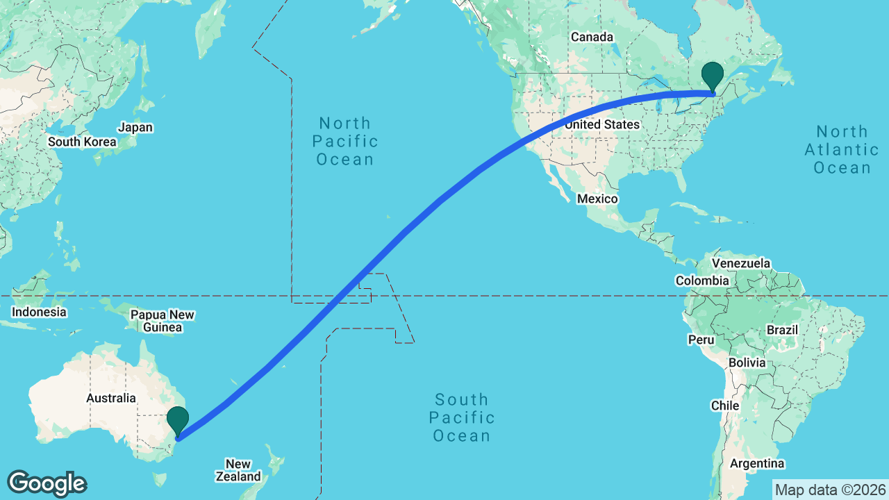 Route map: Montreal -> Sydney -> Montreal