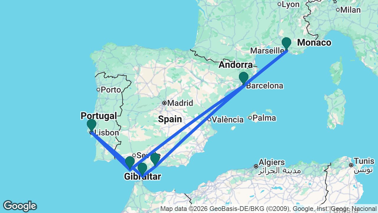 Route map: Barcelona -> Cádiz -> Lisbon -> Gibraltar -> Málaga -> Marseille -> Barcelona