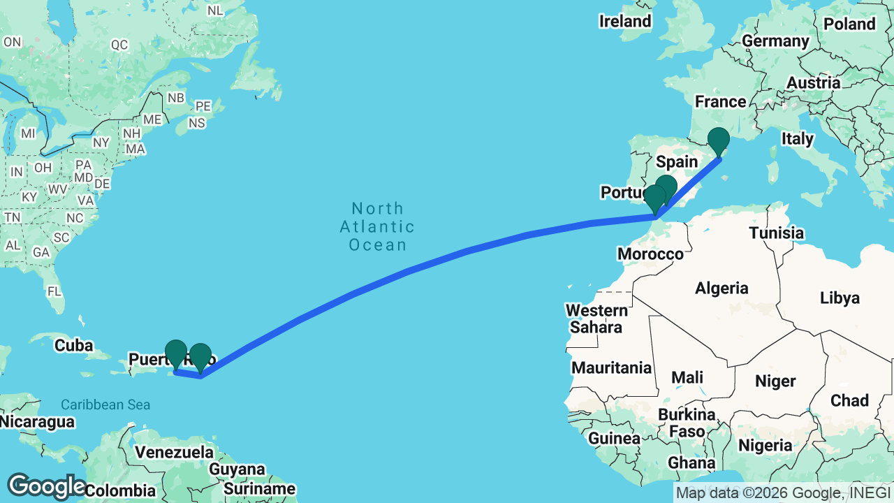 Route map: San Juan -> St. Maarten -> Tangier -> Málaga -> Barcelona