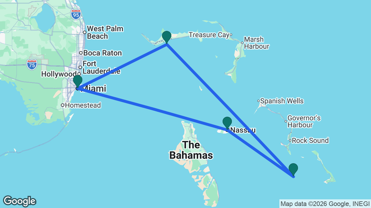 Route map: Miami -> Celebration Key -> Princess Cays -> Nassau -> Miami