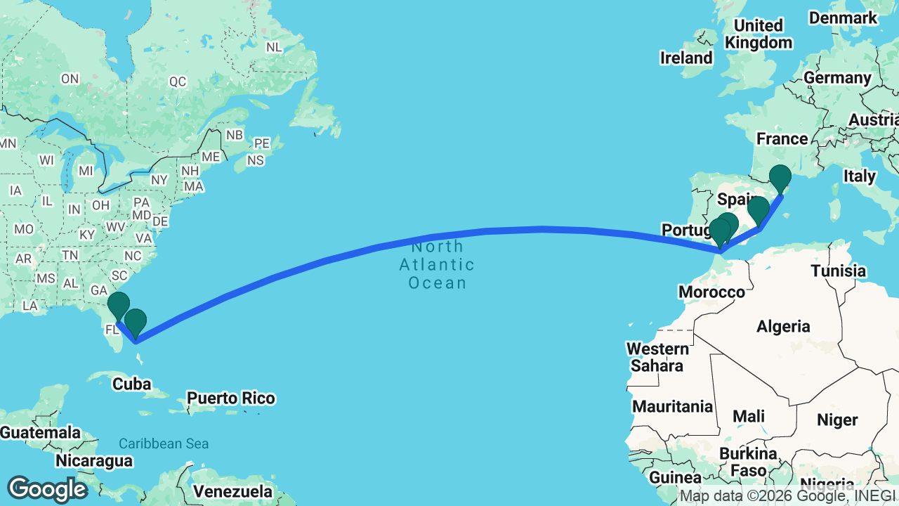 Route map: Barcelona -> Alicante -> Málaga -> Gibraltar -> Celebration Key -> Port Canaveral