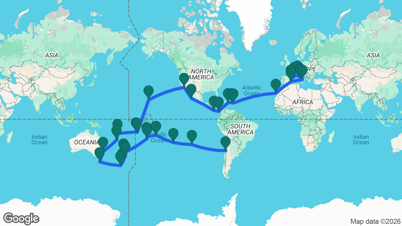 Route map: Santiago -> Easter Island -> Bounty Bay -> Tahiti -> Moorea -> Aitutaki -> Cook Islands -> Bay of Islands -> Auckland -> Tauranga -> Christchurch -> Dunedin -> Hobart -> Sydney -> Nouméa -> Santo -> Apia -> Pago Pago -> Honolulu -> Los Angeles -> Cabo -> Puntarenas -> Balboa -> La Romana -> Tortola -> St. Maarten -> Gran Canaria -> Ibiza -> Naples -> Rome -> Genoa -> Marseille -> Tarragona