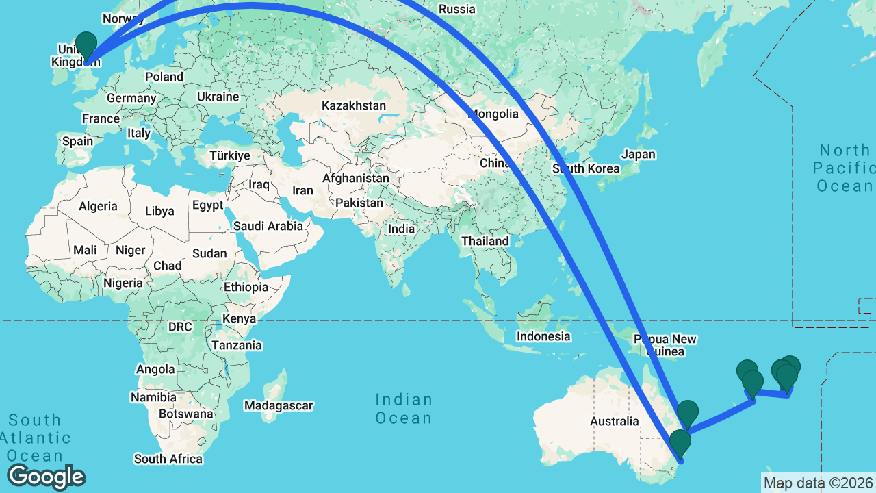 Route map: Lautoka -> Denarau -> Savusavu -> Dravuni Island -> Port Vila -> Mystery Island -> Brisbane -> Newcastle -> Sydney