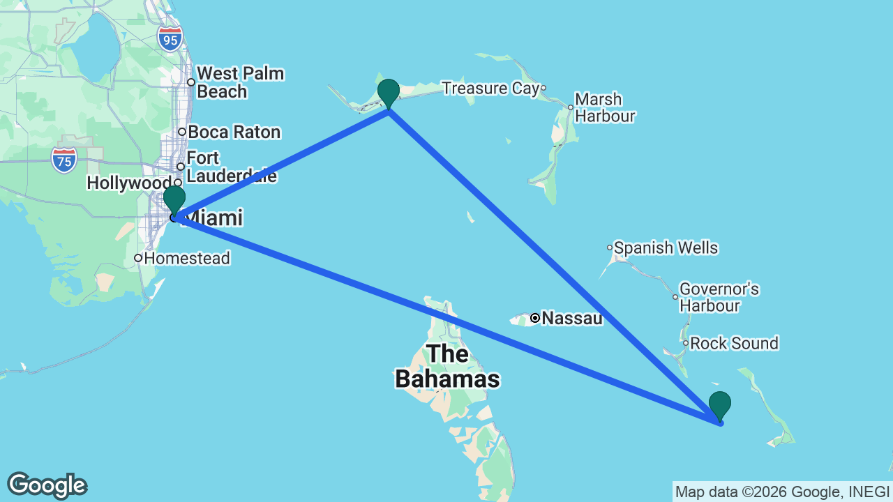 Route map: Miami -> Half Moon Cay -> Celebration Key -> Miami