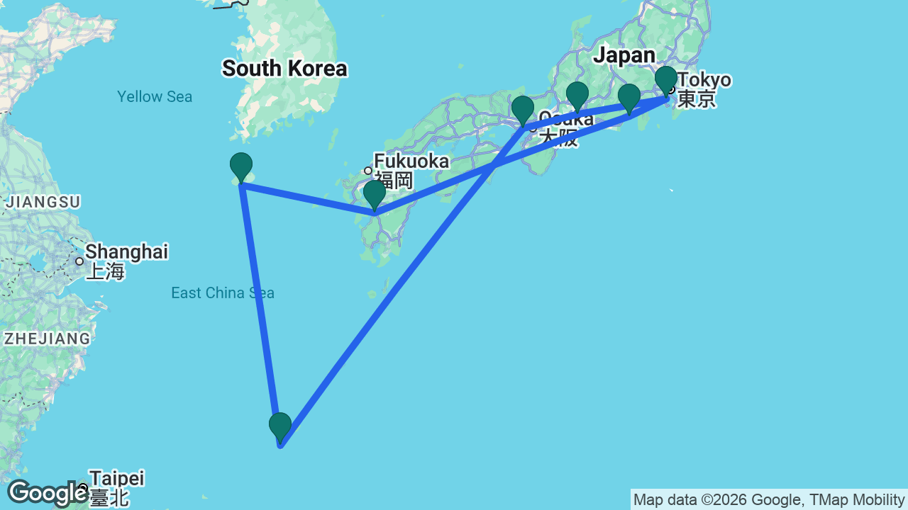 Route map: Tokyo -> Nagoya -> Kobe -> Naha -> Jeju -> Yatsushiro -> Mount Fuji -> Tokyo