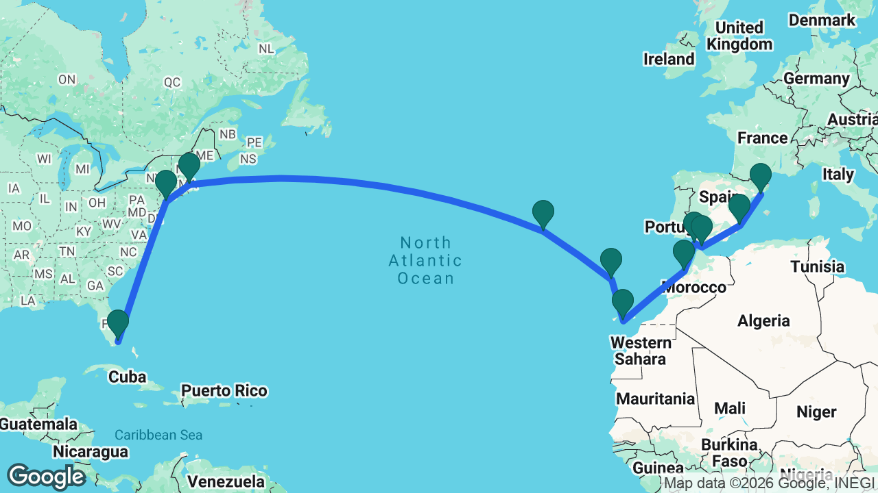 Route map: Barcelona -> Alicante -> Gibraltar -> Cádiz -> Casablanca -> Gran Canaria -> Madeira -> Azores -> Boston -> New York -> Miami