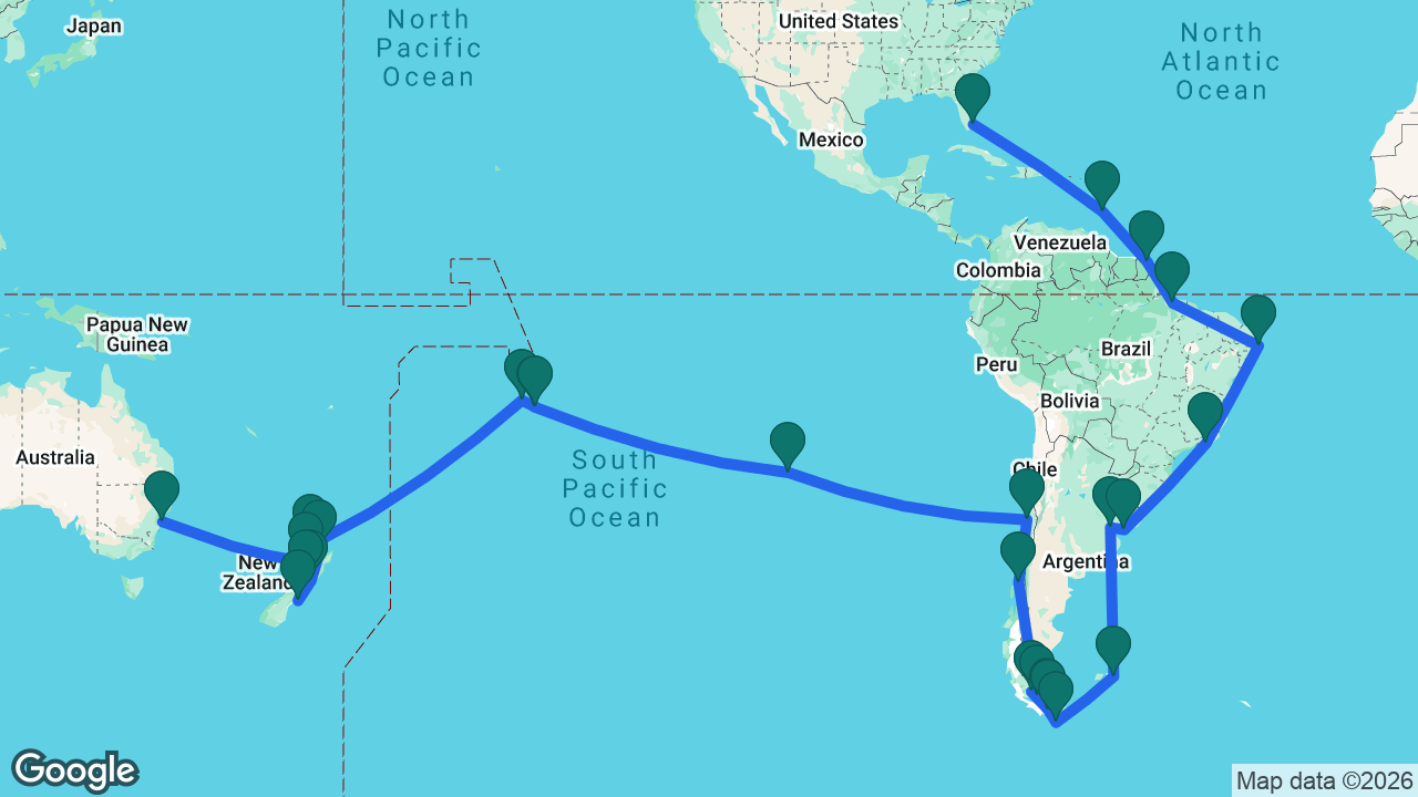 Route map: Fort Lauderdale -> Barbados -> Devil's Island -> Icoaraci -> Recife -> Rio -> Montevideo -> Buenos Aires -> Port Stanley -> Drake Passage -> Ushuaia -> Beagle Channel -> Punta Arenas -> Strait of Magellan -> Puerto Montt -> San Antonio -> Easter Island -> Moorea -> Tahiti -> Bora Bora -> Auckland -> Tauranga -> Wellington -> Christchurch -> Picton -> New Plymouth -> Sydney