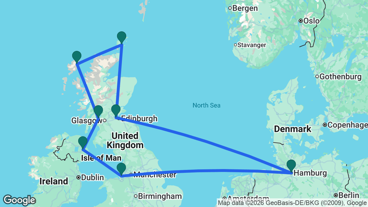 Route map: Hamburg -> South Queensferry -> Kirkwall -> Stornoway -> Glasgow -> Belfast -> Liverpool -> Hamburg