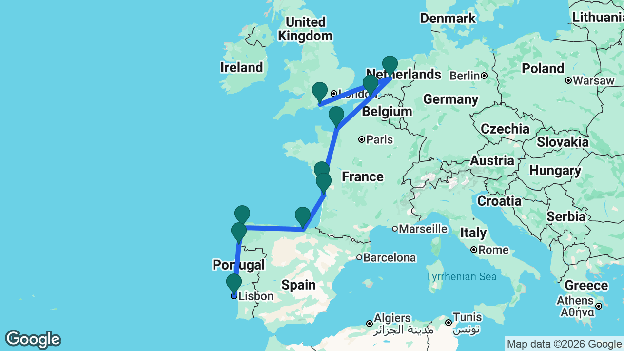Route map: Southampton -> Amsterdam -> Bruges -> Paris -> La Rochelle -> Bordeaux -> Bilbao -> La Coruña -> Vigo -> Lisbon