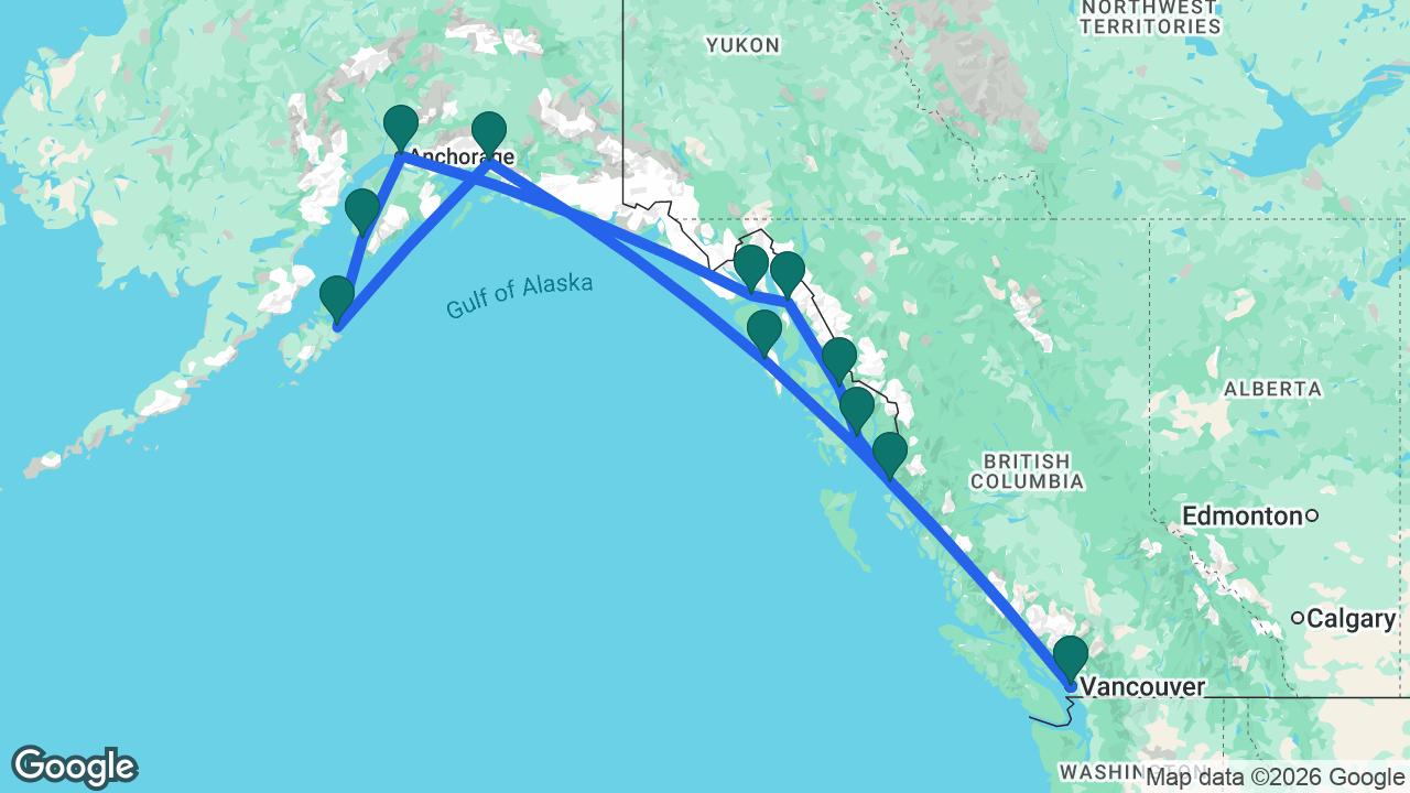 Route map: Vancouver -> Sitka -> Valdez -> Kodiak -> Homer -> Anchorage -> Glacier Bay -> Juneau -> Wrangell -> Ketchikan -> Prince Rupert -> Vancouver