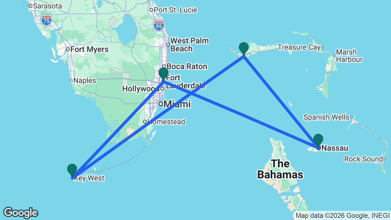 Route map: Fort Lauderdale -> Nassau -> Freeport -> Key West -> Fort Lauderdale