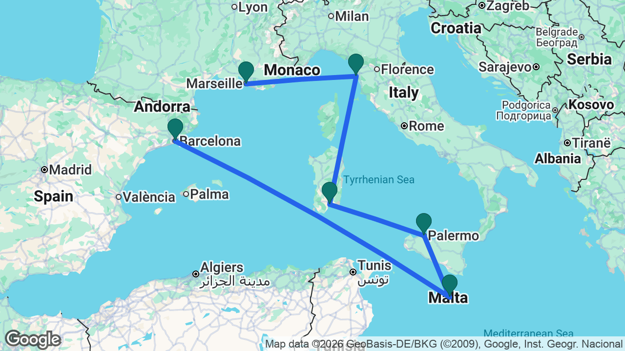 Route map: Marseille -> Florence -> Cagliari -> Palermo -> Valletta -> Barcelona