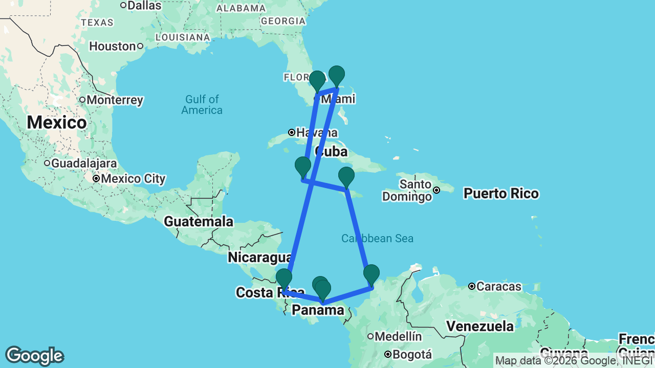 Route map: Fort Lauderdale -> Grand Cayman -> Falmouth -> Cartagena -> Panama Canal -> Colón -> Limón -> Celebration Key -> Fort Lauderdale