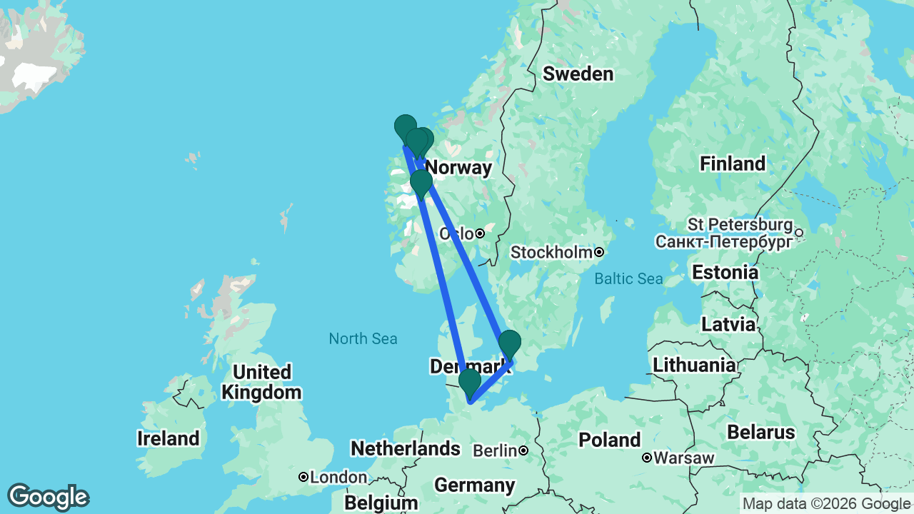 Route map: Kiel -> Copenhagen -> Hellesylt -> Geiranger -> Ålesund -> Flåm -> Kiel