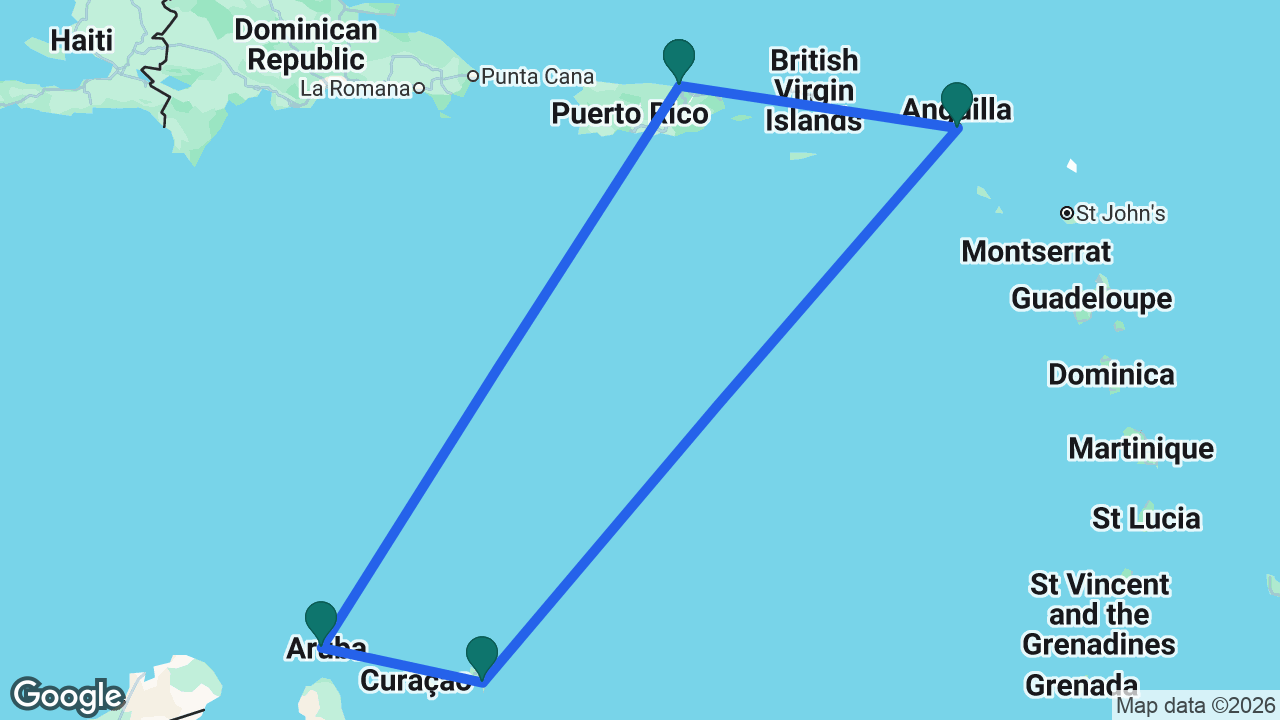 Route map: San Juan -> Aruba -> Bonaire -> St. Maarten -> San Juan
