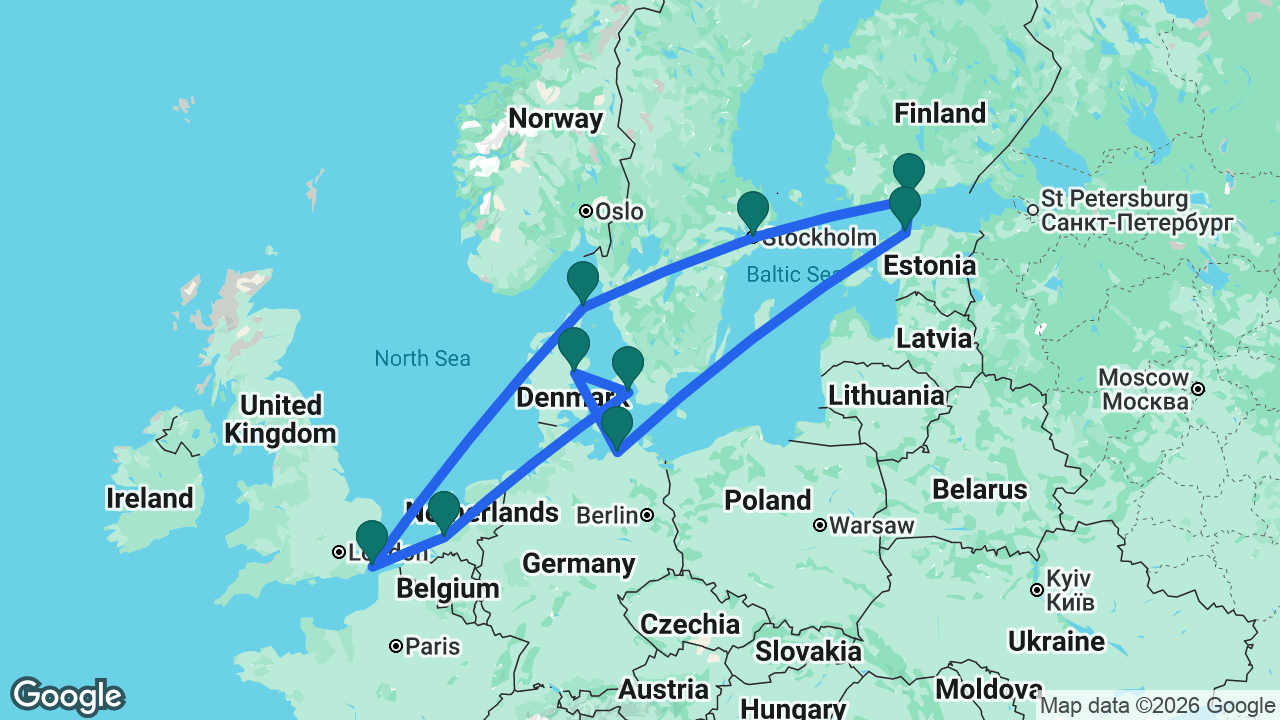 Route map: Dover -> Rotterdam -> Copenhagen -> Aarhus -> Berlin -> Tallinn -> Helsinki -> Stockholm -> Skagen -> Dover