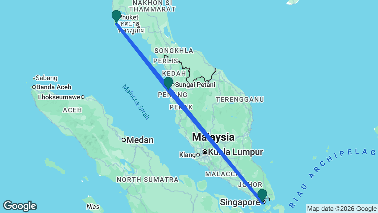 Route map: Singapore -> Penang -> Phuket -> Singapore