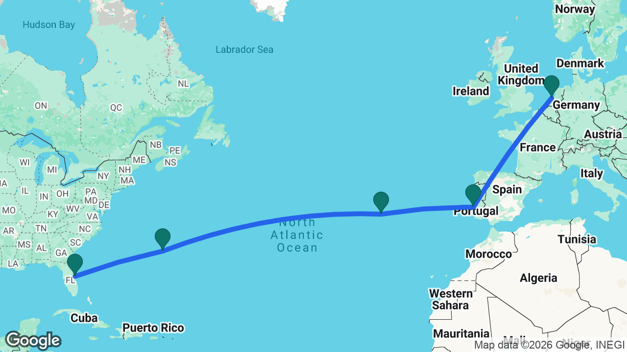 Route map: Port Canaveral -> Bermuda -> Azores -> Lisbon -> Amsterdam
