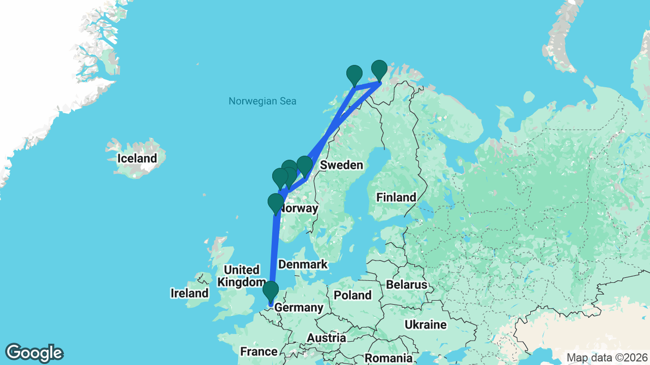 Route map: Rotterdam -> Ålesund -> Åndalsnes -> Trondheim -> Tromsø -> Alta -> Kristiansund -> Bergen -> Rotterdam