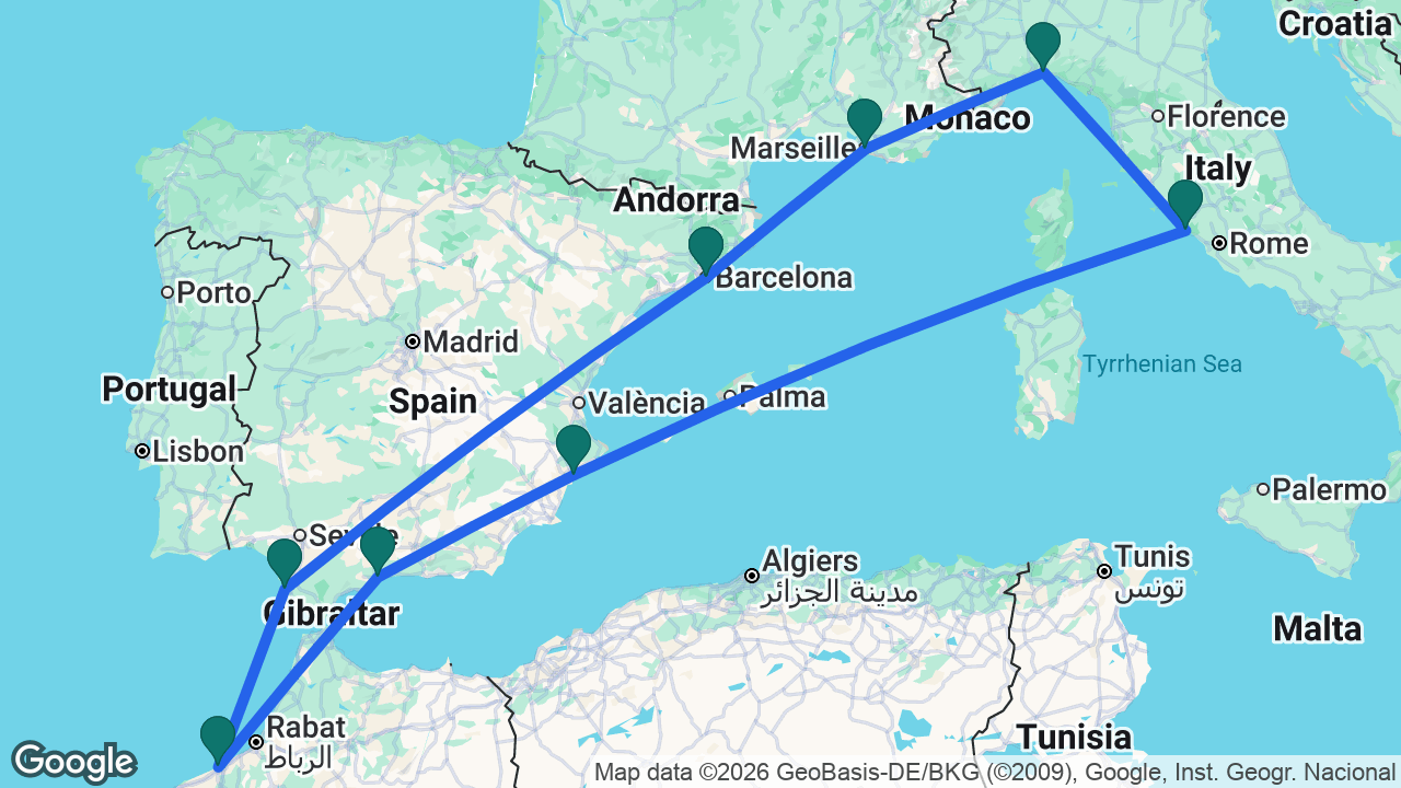 Route map: Marseille -> Barcelona -> Cádiz -> Casablanca -> Málaga -> Alicante -> Rome -> Genoa -> Marseille