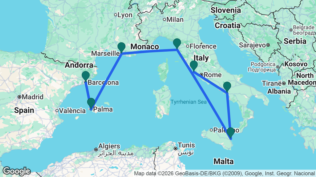 Route map: Barcelona -> Mallorca -> Marseille -> Florence -> Catania -> Amalfi Coast -> Rome