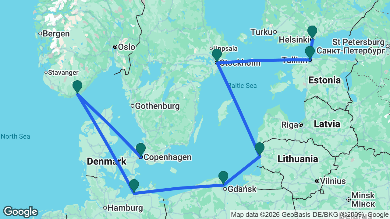 Route map: Copenhagen -> Kristiansand -> Berlin -> Gdansk -> Klaipeda -> Stockholm -> Tallinn -> Helsinki