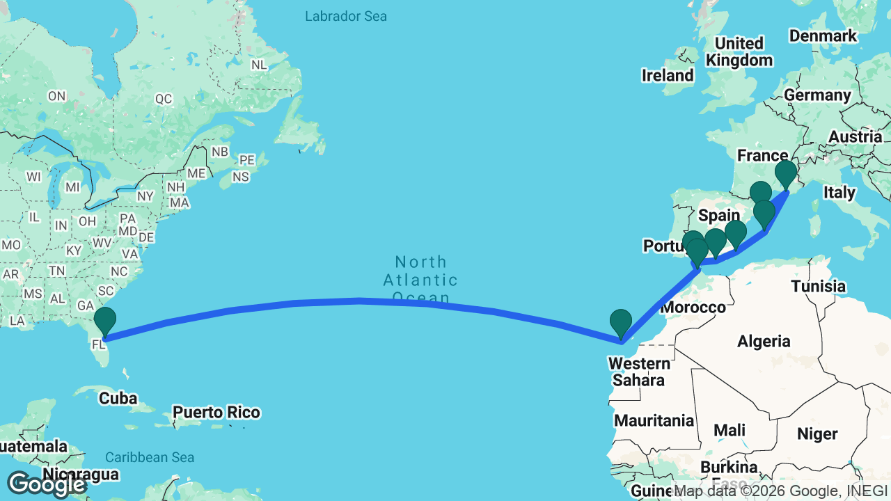 Route map: Barcelona -> Marseille -> Mallorca -> Cartagena -> Motril -> Cádiz -> Tangier -> Gran Canaria -> Port Canaveral