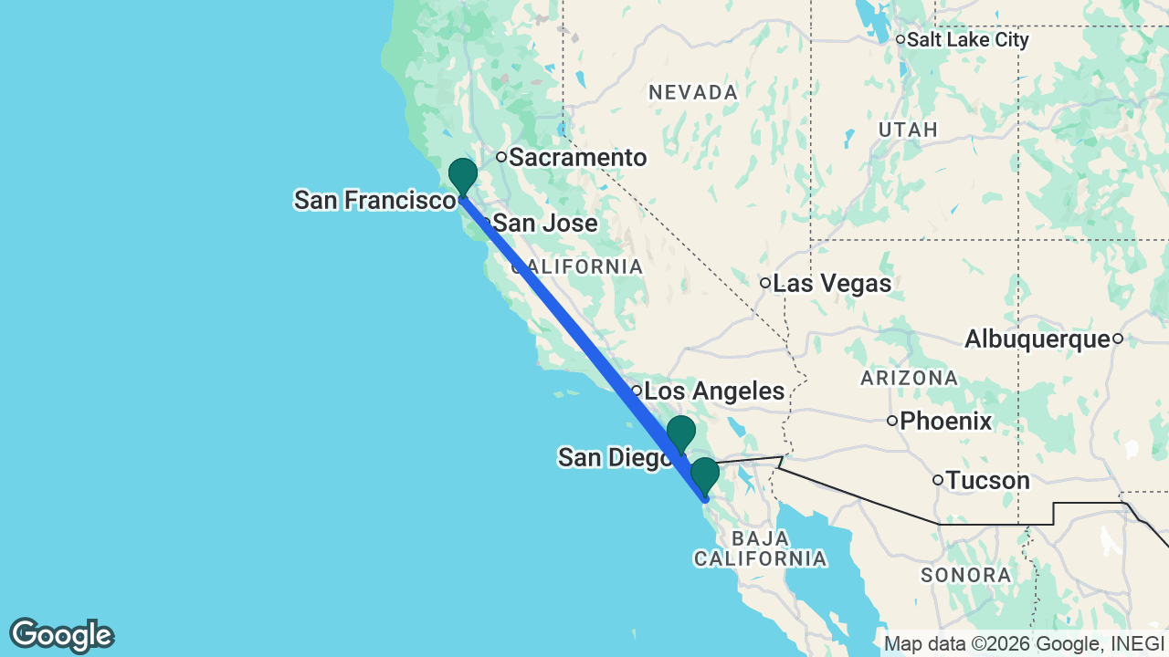 Route map: San Francisco -> San Diego -> Ensenada -> San Francisco