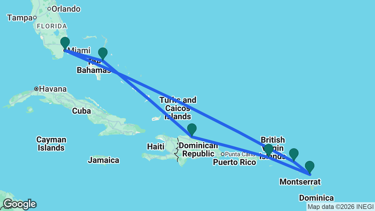 Route map: Miami -> St. Maarten -> Antigua -> St. Thomas -> Puerto Plata -> Nassau -> Miami