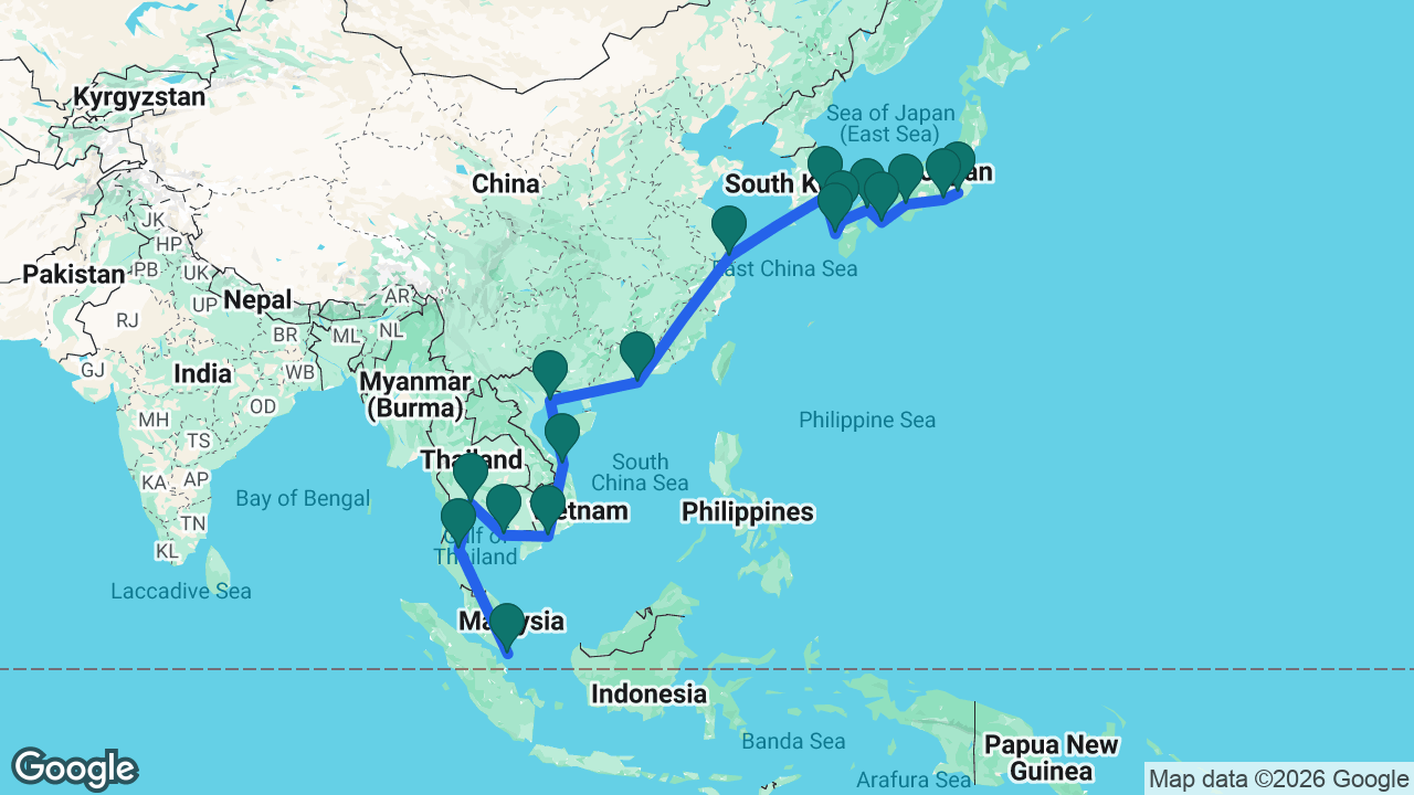 Route map: Tokyo -> Mount Fuji -> Osaka -> Kochi -> Hiroshima -> Fukuoka -> Nagasaki -> Busan -> Shanghai -> Hong Kong -> Ha Long Bay -> Da Nang -> Ho Chi Minh City -> Sihanoukville -> Bangkok -> Koh Samui -> Singapore
