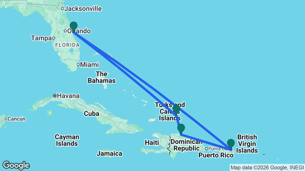 Route map: Port Canaveral -> San Juan -> Amber Cove -> Grand Turk -> Port Canaveral