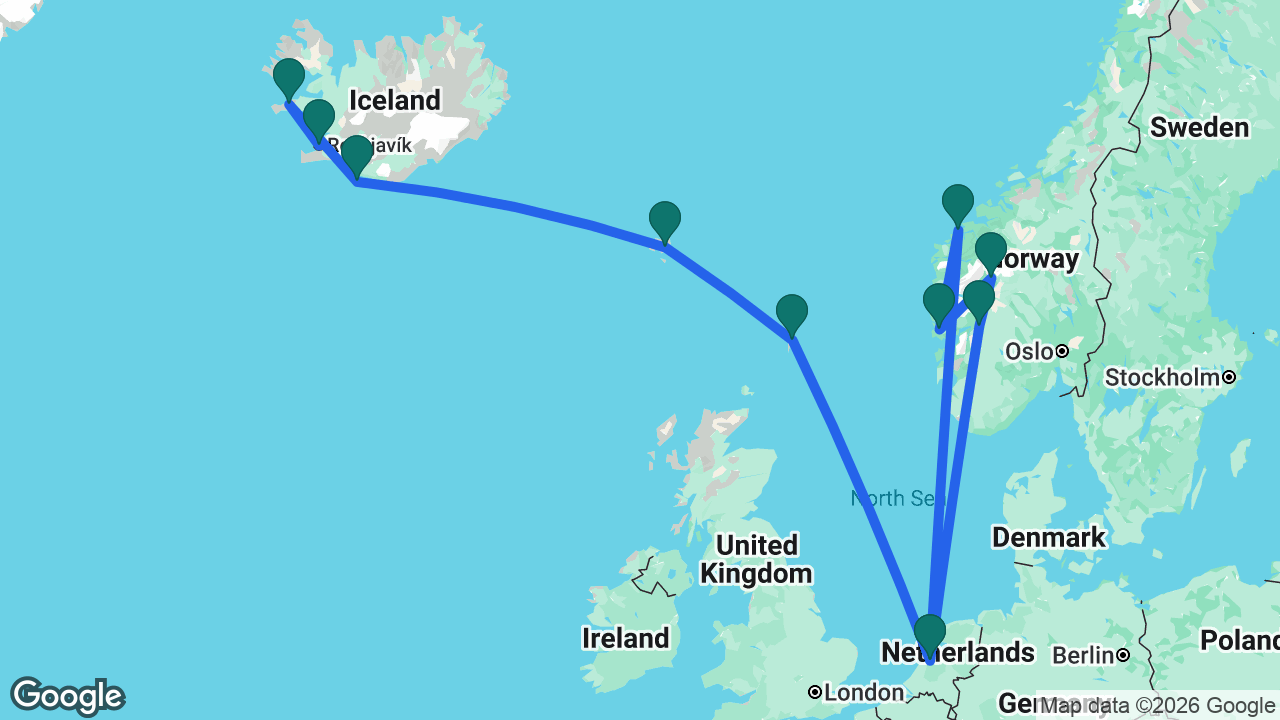 Route map: Reykjavik -> Grundarfjordur -> Heimaey -> Runavík -> Lerwick -> Amsterdam -> Eidfjord -> Skjolden -> Bergen -> Ålesund -> Amsterdam