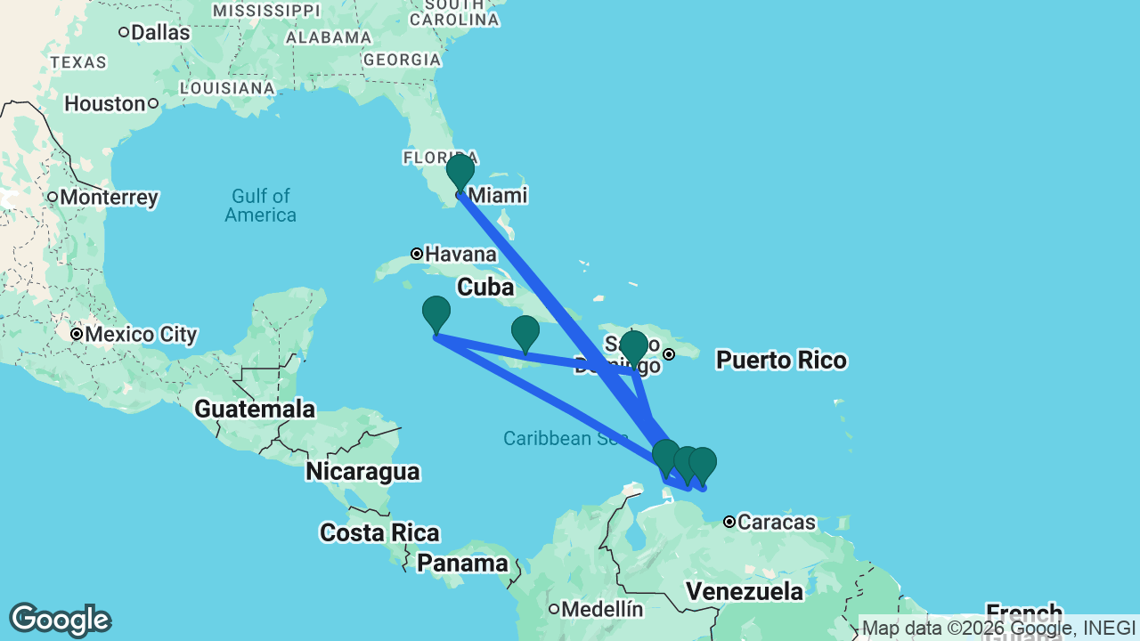 Route map: Miami -> Curaçao -> Aruba -> Cabo Rojo -> Ocho Rios -> Grand Cayman -> Bonaire -> Miami