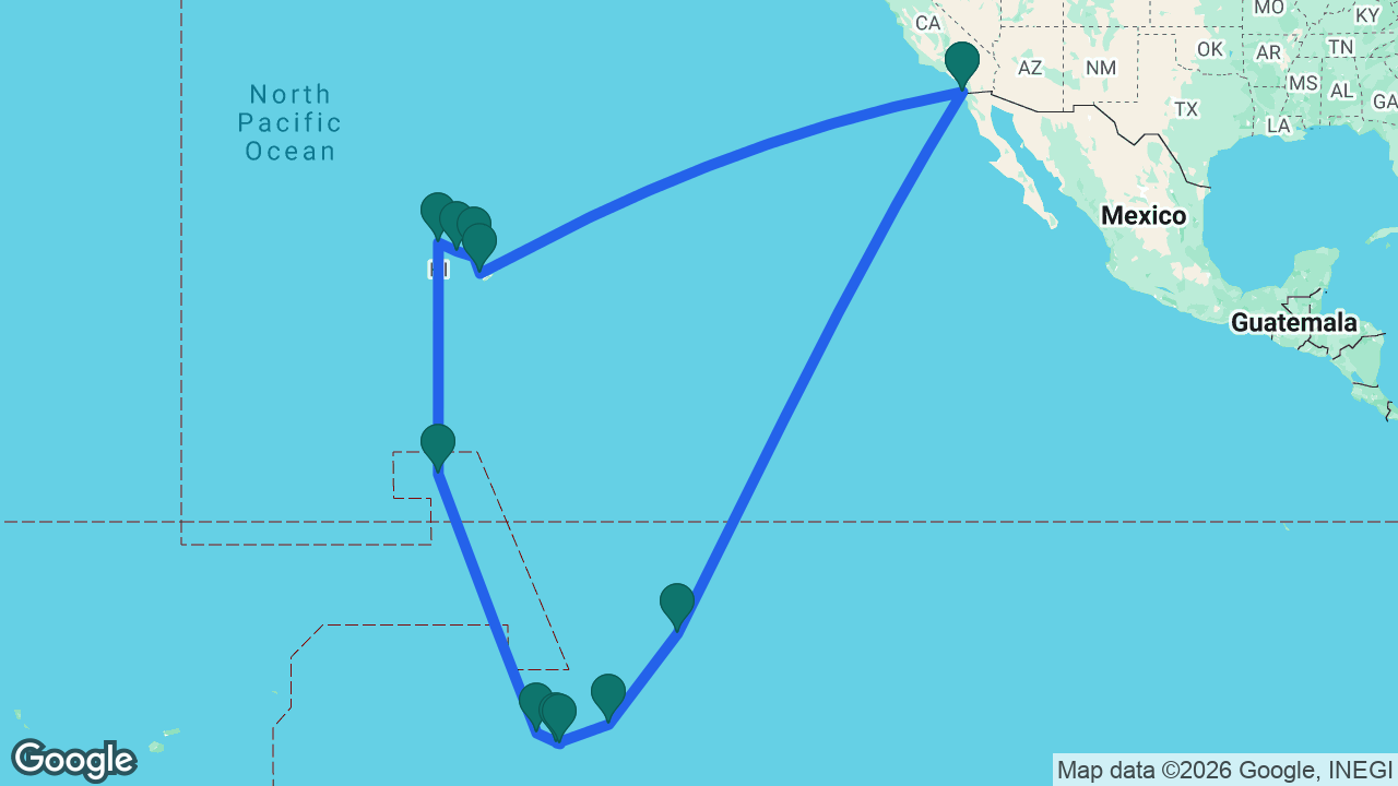 Route map: San Diego -> Kona -> Maui -> Honolulu -> Kauai -> Tabuaeran -> Raiatea -> Tahiti -> Moorea -> Fakarava -> Nuku Hiva -> San Diego