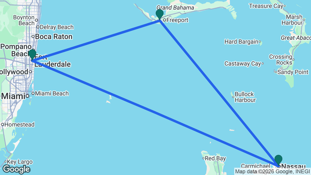 Route map: Fort Lauderdale -> Freeport -> Nassau -> Fort Lauderdale