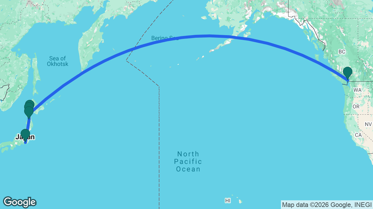 Route map: Tokyo -> Aomori -> Hakodate -> Muroran -> Vancouver