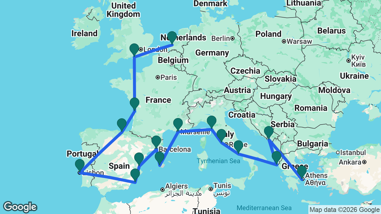 Route map: Rotterdam -> Portsmouth -> Bordeaux -> Bilbao -> Lisbon -> Cartagena -> Valencia -> Barcelona -> Mallorca -> Marseille -> Florence -> Rome -> Naples -> Corfu -> Kotor -> Athens