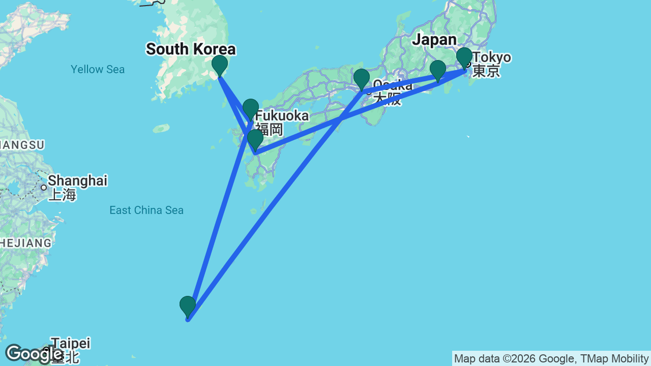 Route map: Tokyo -> Mount Fuji -> Yatsushiro -> Busan -> Fukuoka -> Naha -> Kobe -> Tokyo